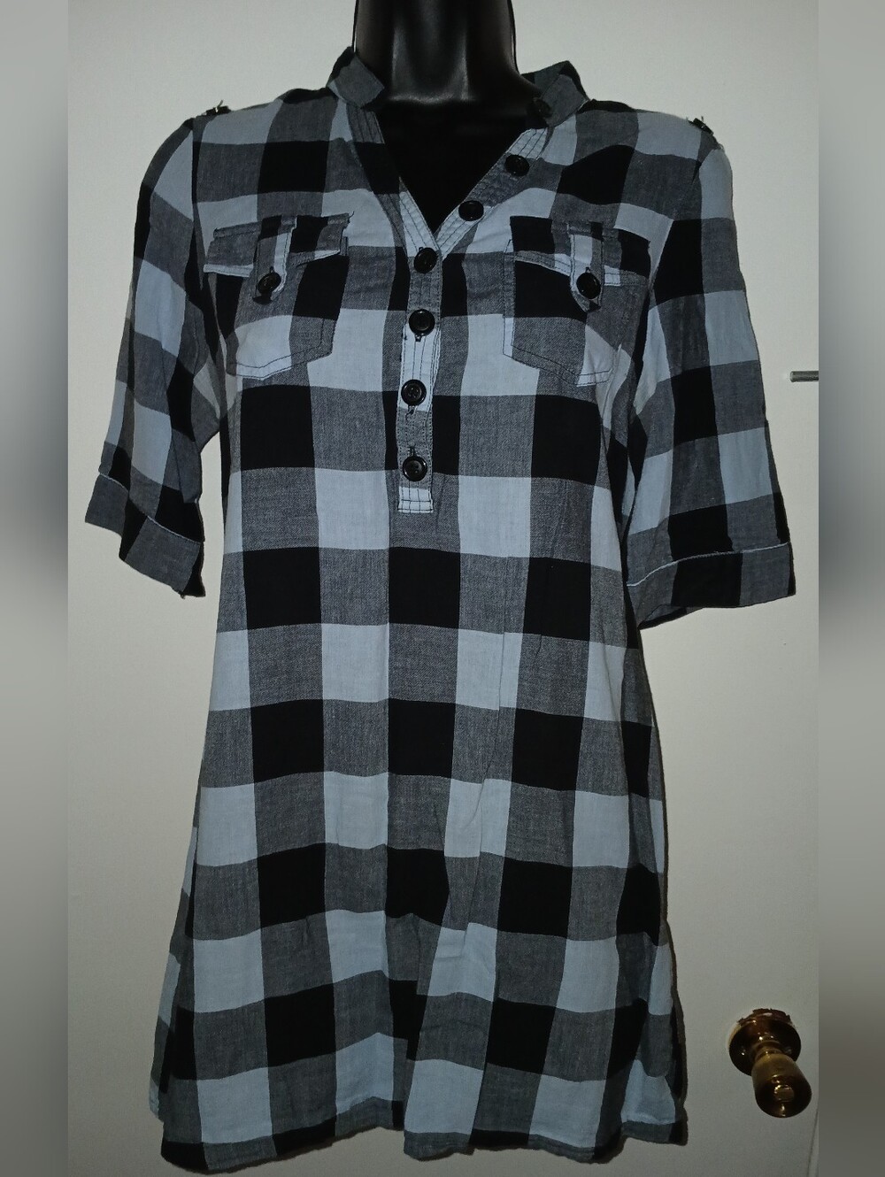 Pre-loved Black and Light Blue Buffalo Plaid Button Tunic.